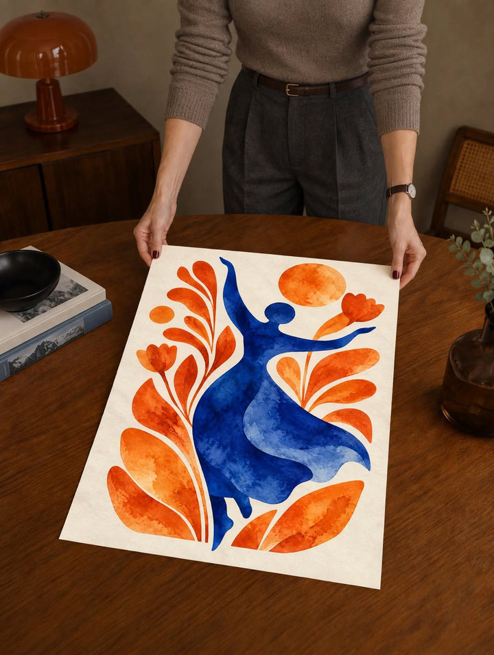 Botanical Woman Watercolor Print held by hand to reveal painterly textures and the stylized seated female silhouette