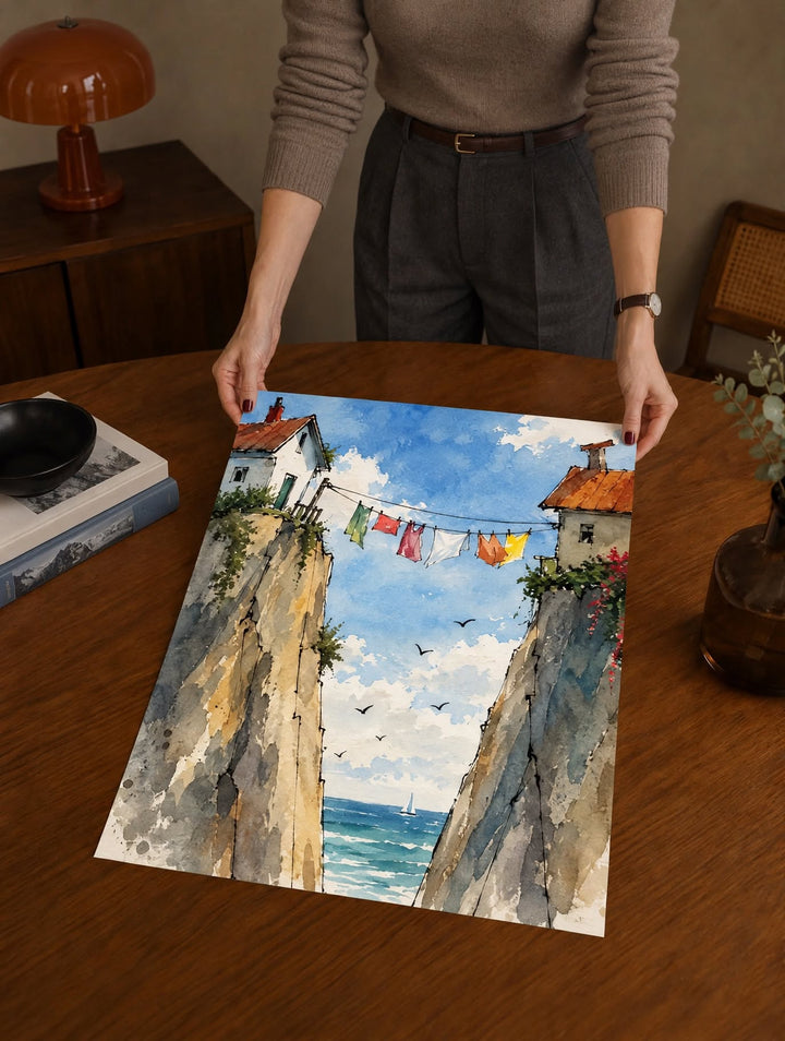 Mediterranean Street Watercolor Art Print placed on a dark wooden table, highlighting the narrow alley and loose painterly brushwork