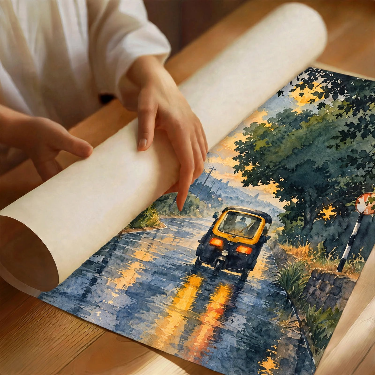 Rainy City Watercolor Art Print featuring a distant yellow tram surrounded by atmospheric trees and softened architecture
