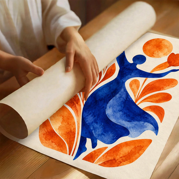 Botanical Woman Watercolor Print partially rolled to highlight saturated watercolor pigments and fluid botanical forms