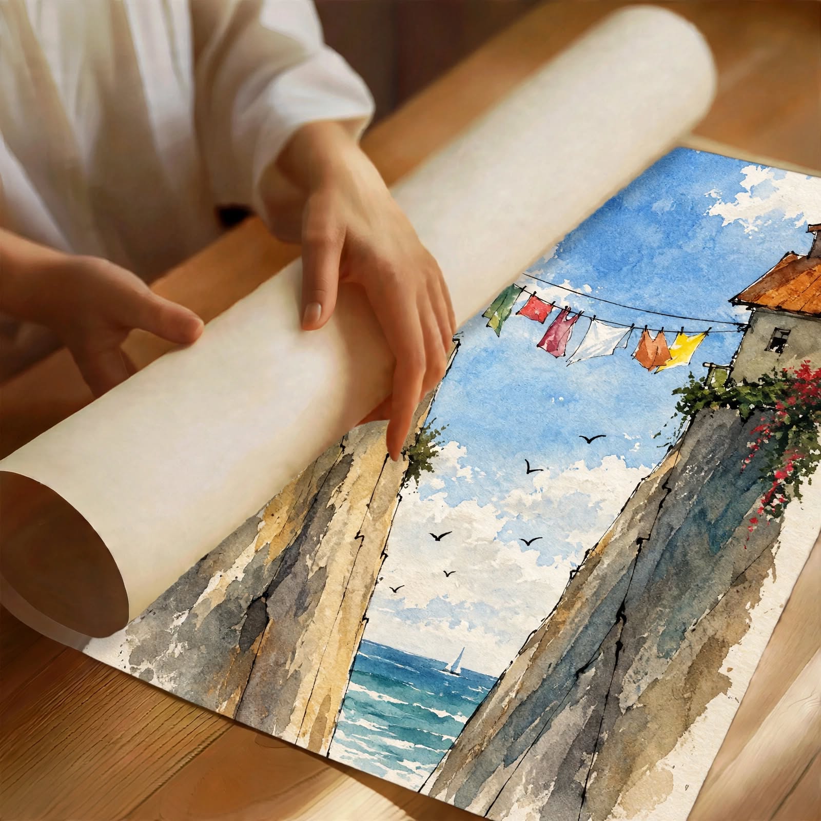 Mediterranean Street Watercolor Art Print partially rolled to reveal layered blue washes, rustic architecture and Mediterranean details