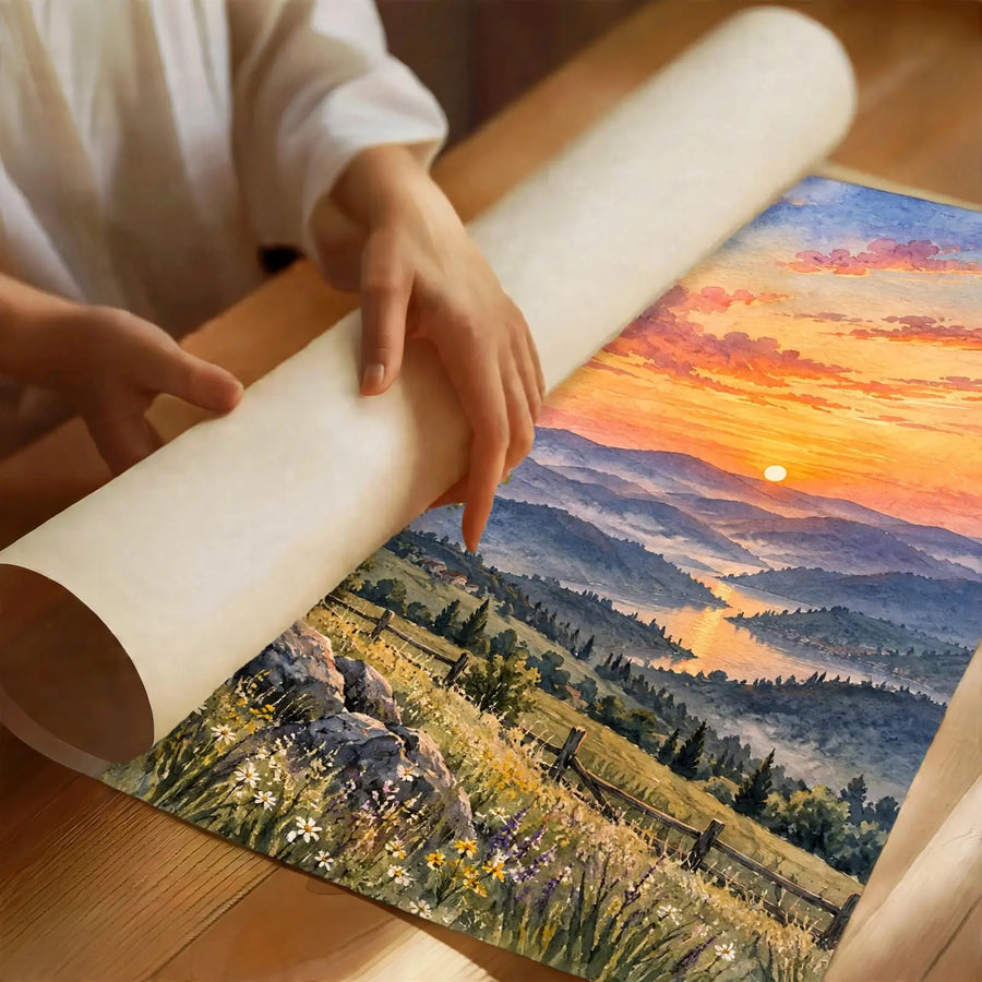 Sunset Landscape Watercolor Art Print partially rolled to reveal expressive brushwork and layered valley scenery