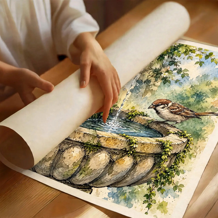 Bird Fountain Watercolor Art Print laid flat on a wooden table featuring a peaceful bird and fountain scene