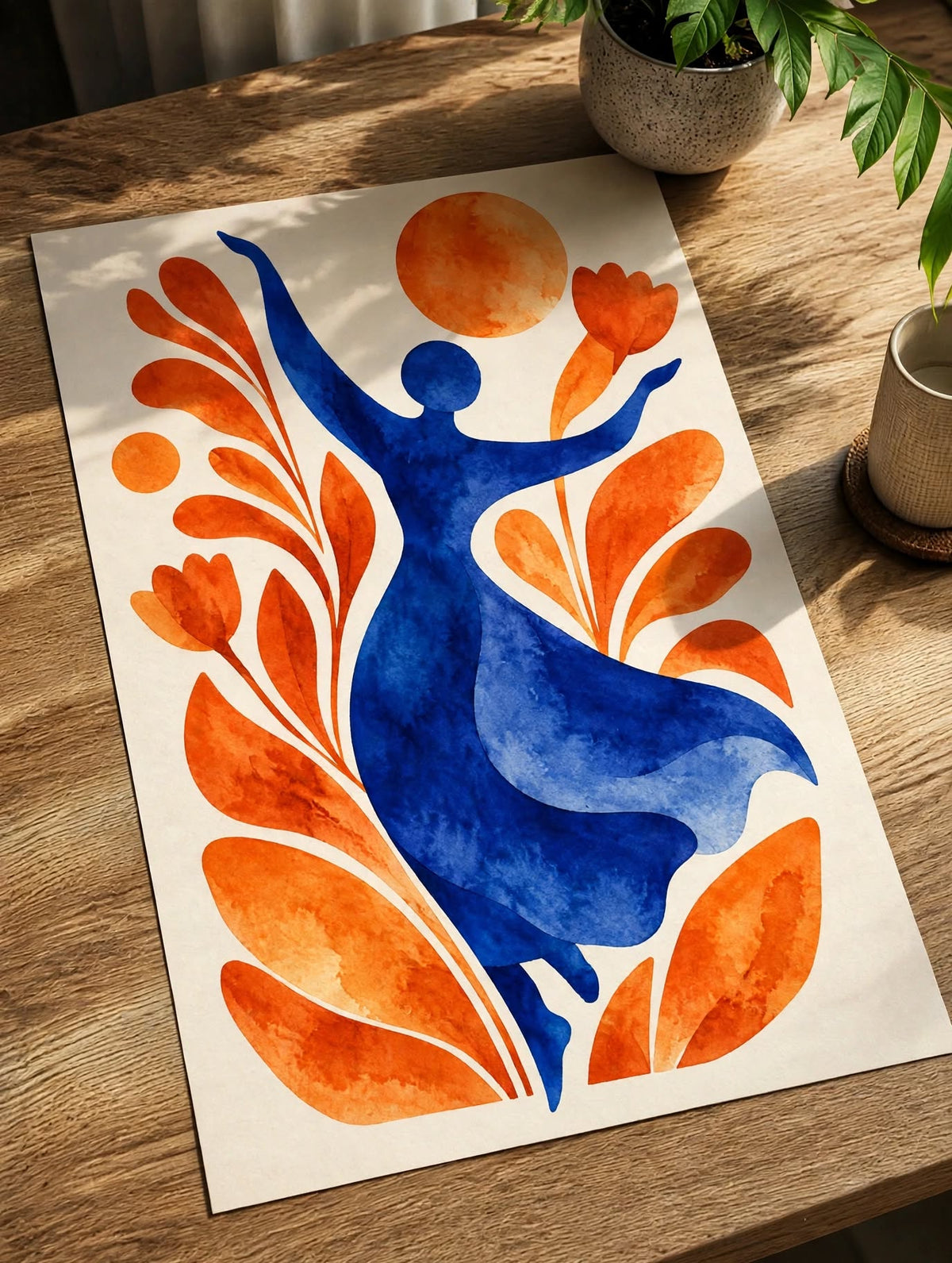 Botanical Woman Watercolor Print laid flat on a wooden table with organic leaves wrapping around the central figure