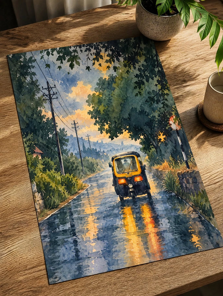 Rainy City Watercolor Art Print photographed flat to highlight wet street reflections and expressive watercolor textures