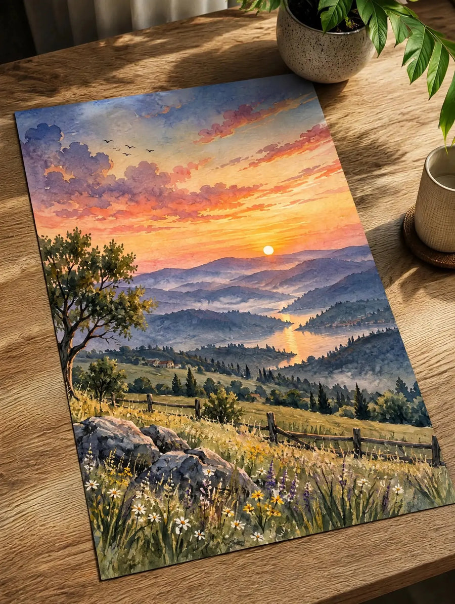 Sunset Landscape Watercolor Art Print laid flat on a wooden surface with vivid sunset and countryside details