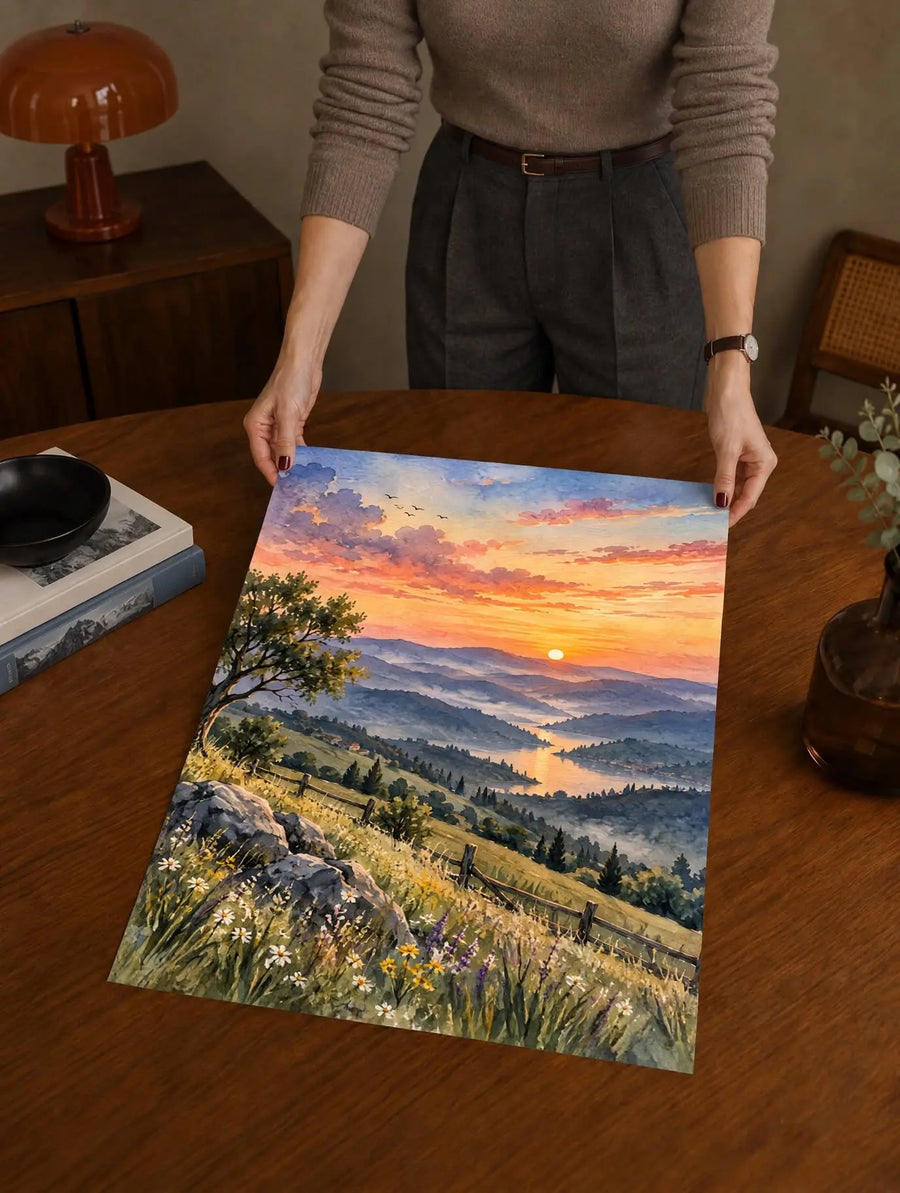 Sunset Landscape Watercolor Art Print shown as an unframed physical artwork above a dark wooden table