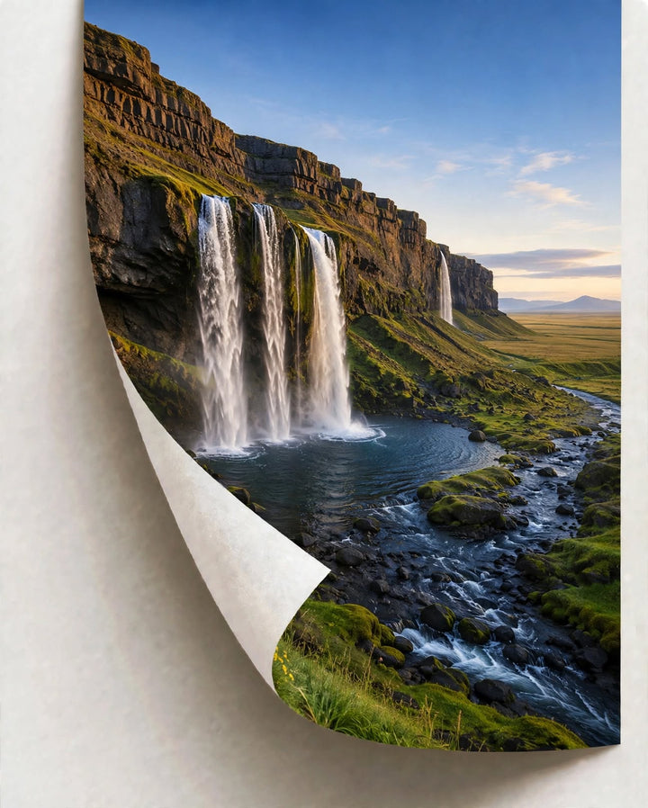 Mountain Waterfall Art Print styled with natural wood decor for a calm nature inspired living space