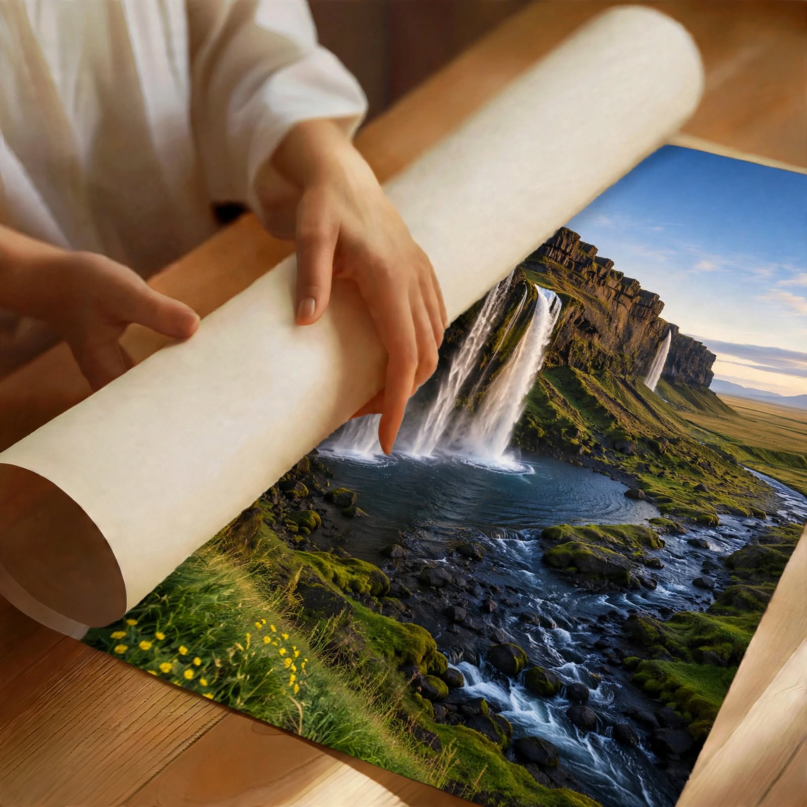 Mountain Waterfall Art Print featuring layered waterfalls, rugged cliffs and clear blue sky