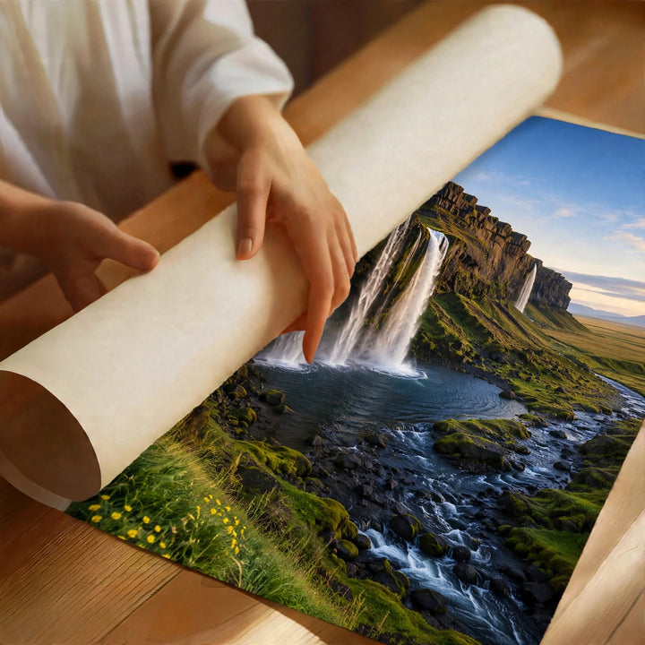 Mountain Waterfall Art Print featuring layered waterfalls, rugged cliffs and clear blue sky