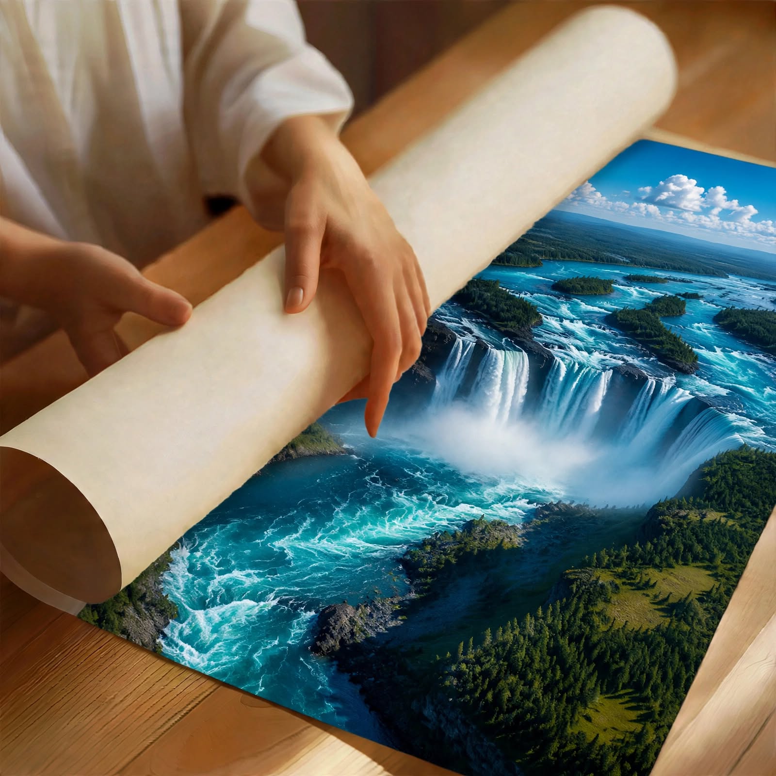 Blue Cascade Waterfall Art Print shown as an unframed poster with rich turquoise water and scenic wilderness