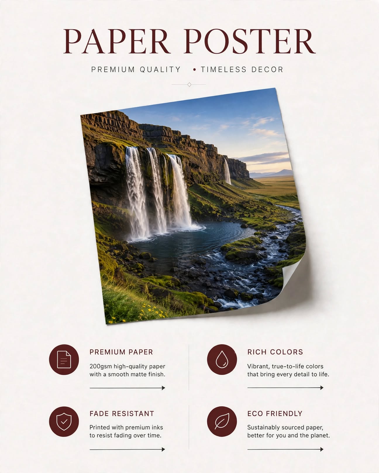 Mountain Waterfall Art Print featuring a scenic green valley and multiple waterfalls flowing through the mountains