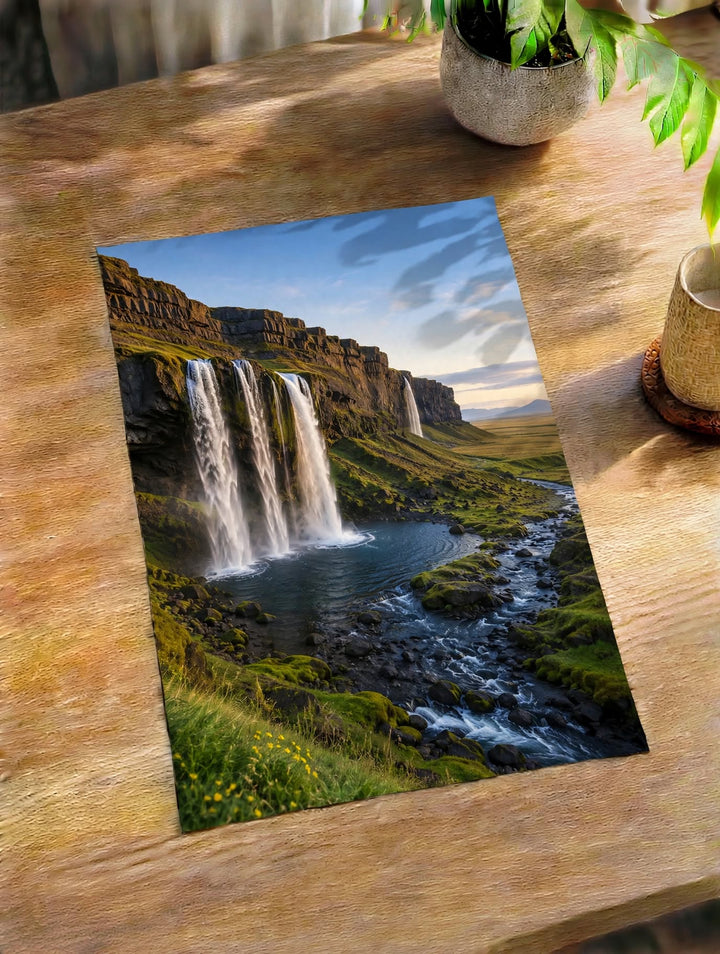 Mountain Waterfall Art Print shown as an unframed poster with vivid alpine landscape scenery