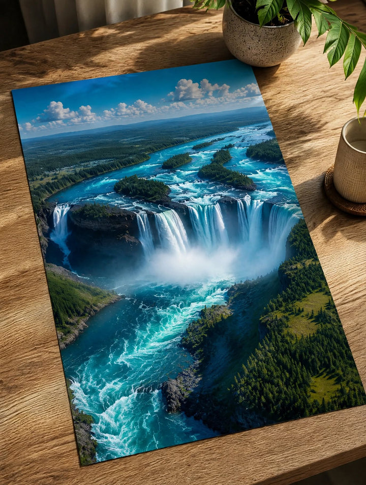 Blue Cascade Waterfall Art Print featuring bright blue cascades winding through a rugged natural landscape