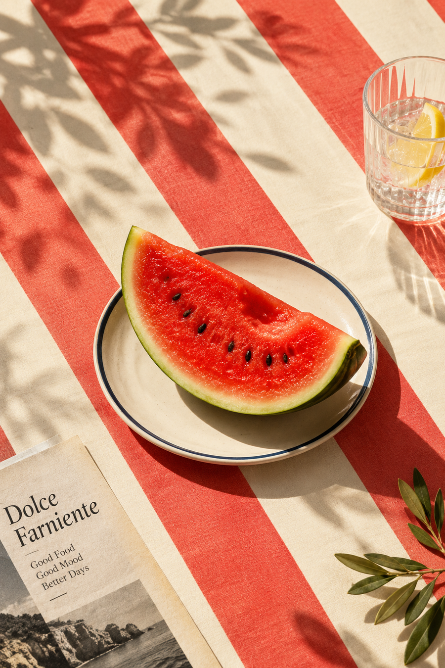 Watermelon summer kitchen wall art print with red striped table and sunlit fruit still life