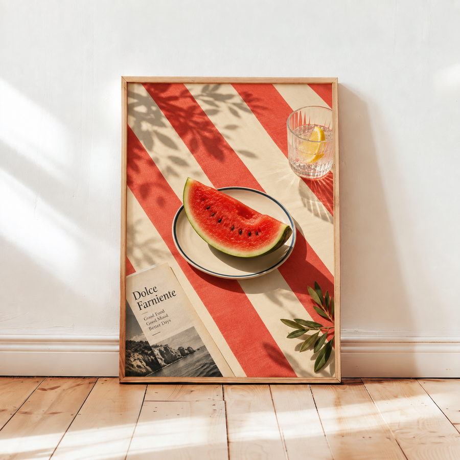 Watermelon summer wall art displayed in a bright Mediterranean inspired kitchen
