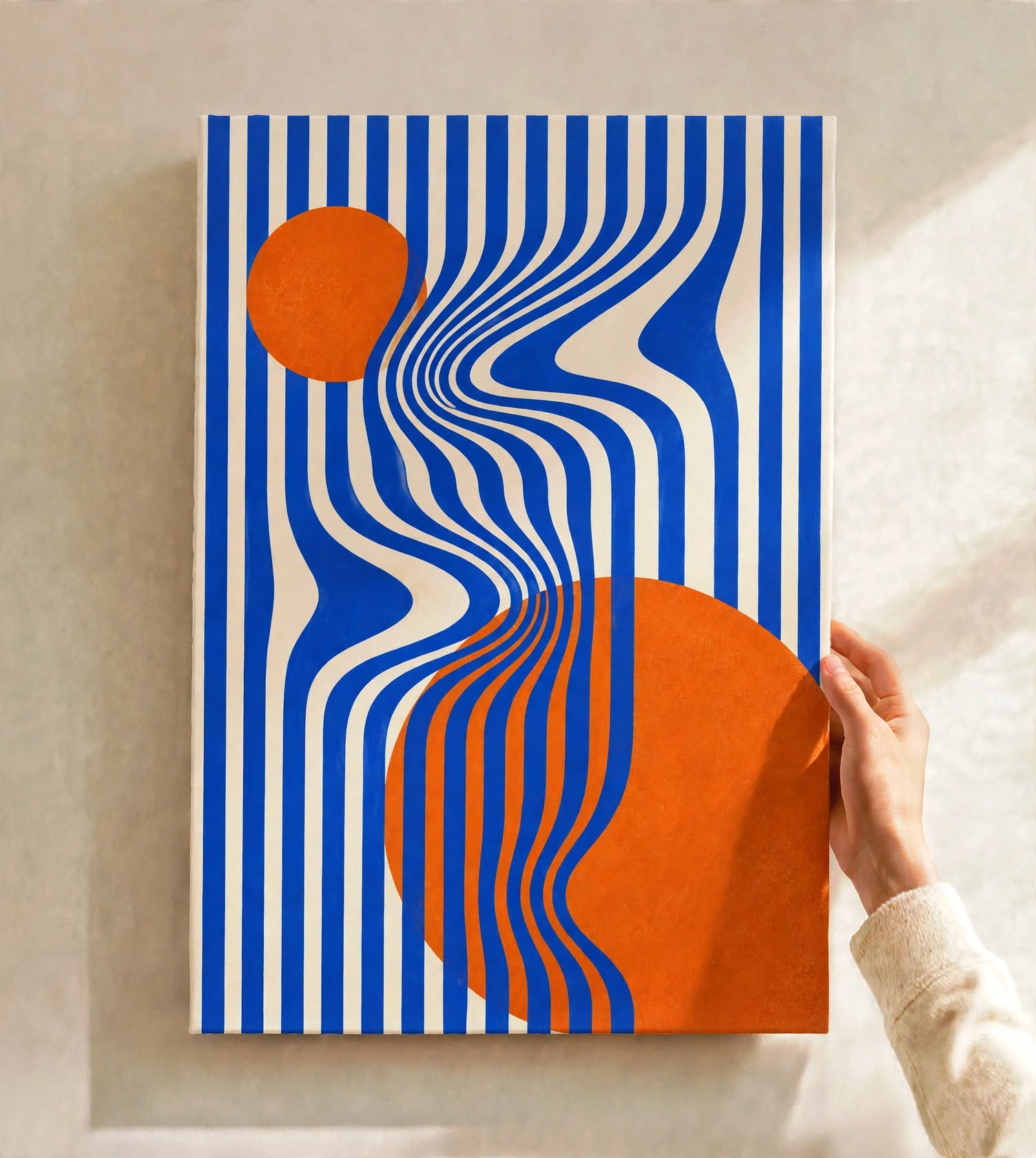 Bauhaus Wave Art Print combining rhythmic blue stripes with oversized orange organic forms