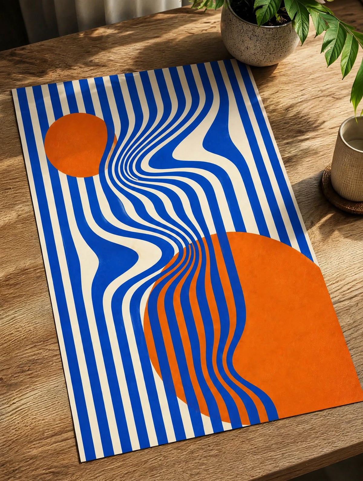 Bauhaus Wave Art Print styled as blue orange abstract wall art for a colorful contemporary space