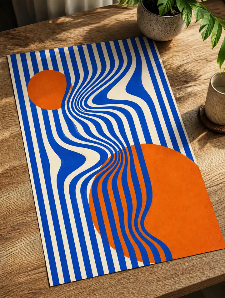 Bauhaus Wave Art Print styled as blue orange abstract wall art for a colorful contemporary space