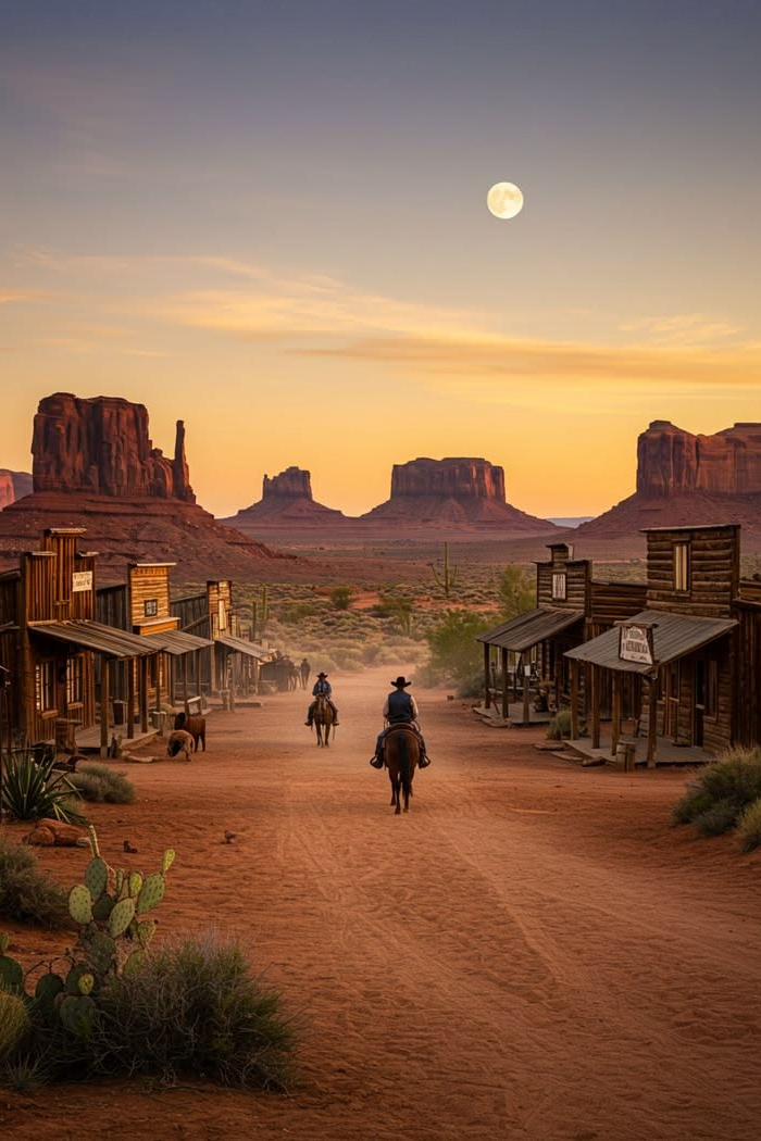 Unframed western town sunset wall art with riders on a desert street