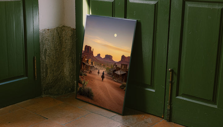 Dark-framed western town sunset poster with riders on a desert street