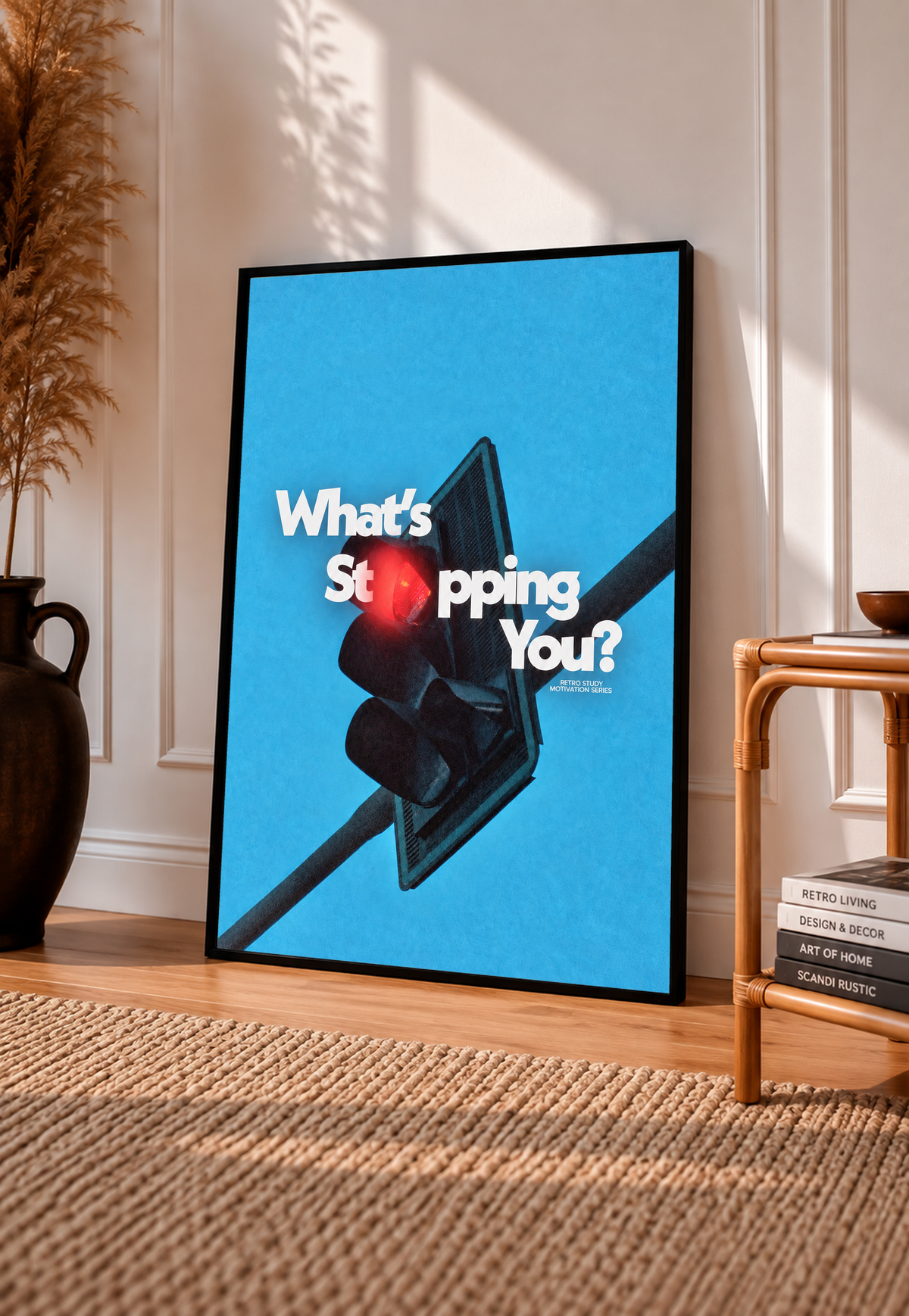 Traffic light poster with red signal on blue, framed, shown standing on the floor