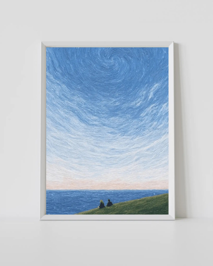 alt
Impresión enmarcada de arte mural costero con cielo azul y olas del mar sobre colinas verdes