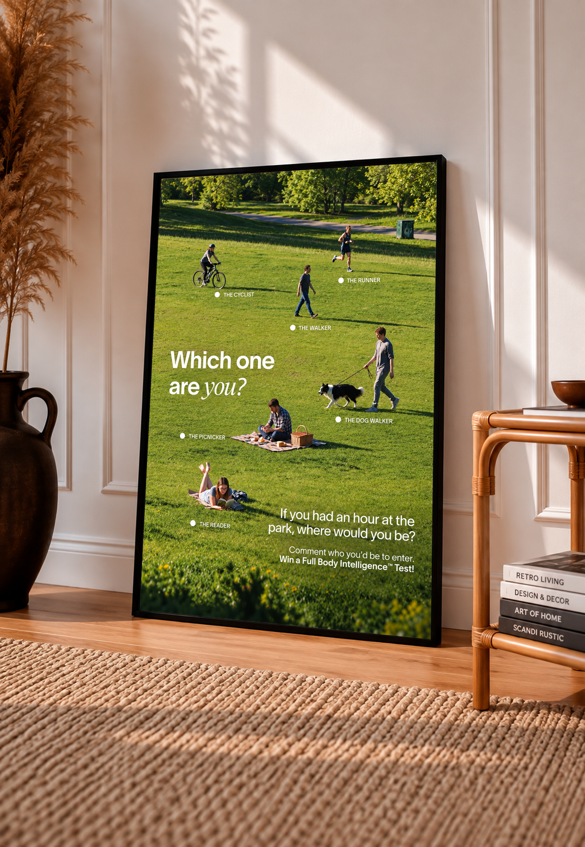 Six park activities labelled across a green lawn beneath Which One Are You text in a black frame leaning on a sunlit floor beside a rattan chair