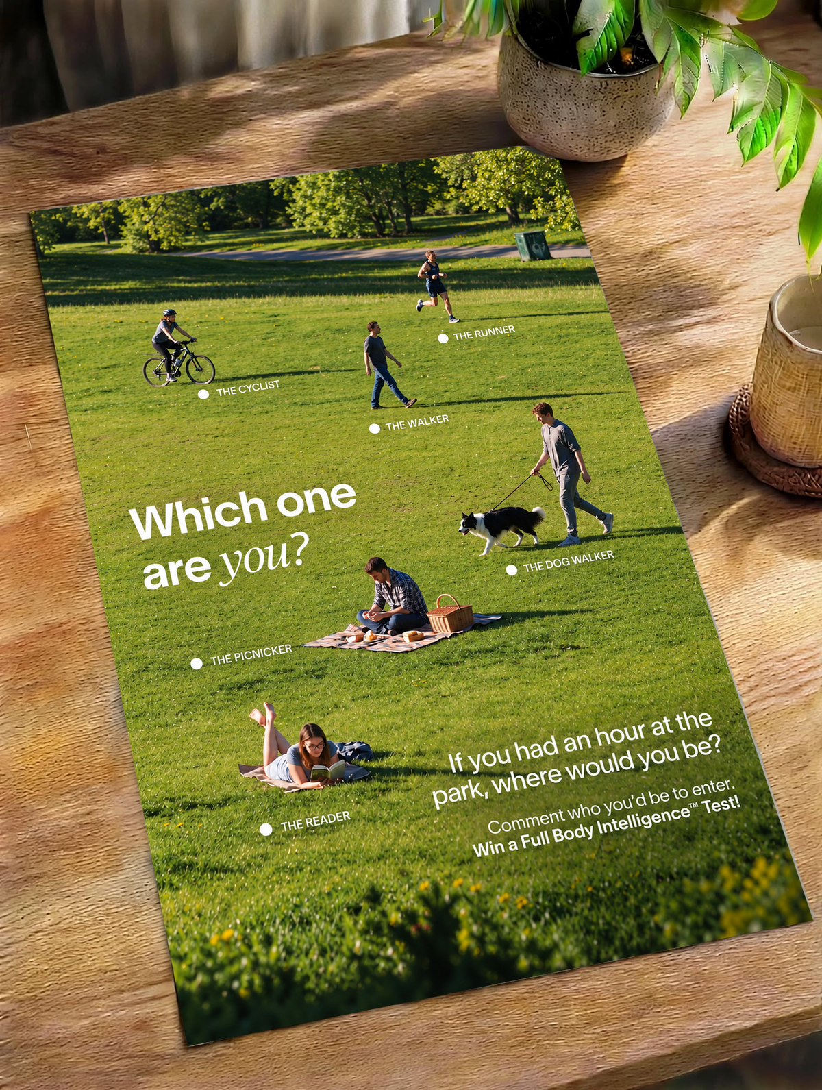 Six park activities labelled across a green lawn beneath Which One Are You text as an unframed poster lying on a wooden table beside a plant