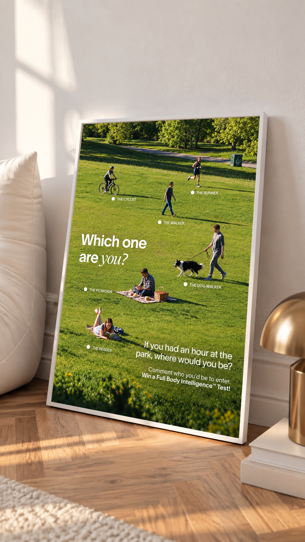 Six park activities labelled across a green lawn beneath Which One Are You text in a white frame on a sunlit floor beside a white cabinet