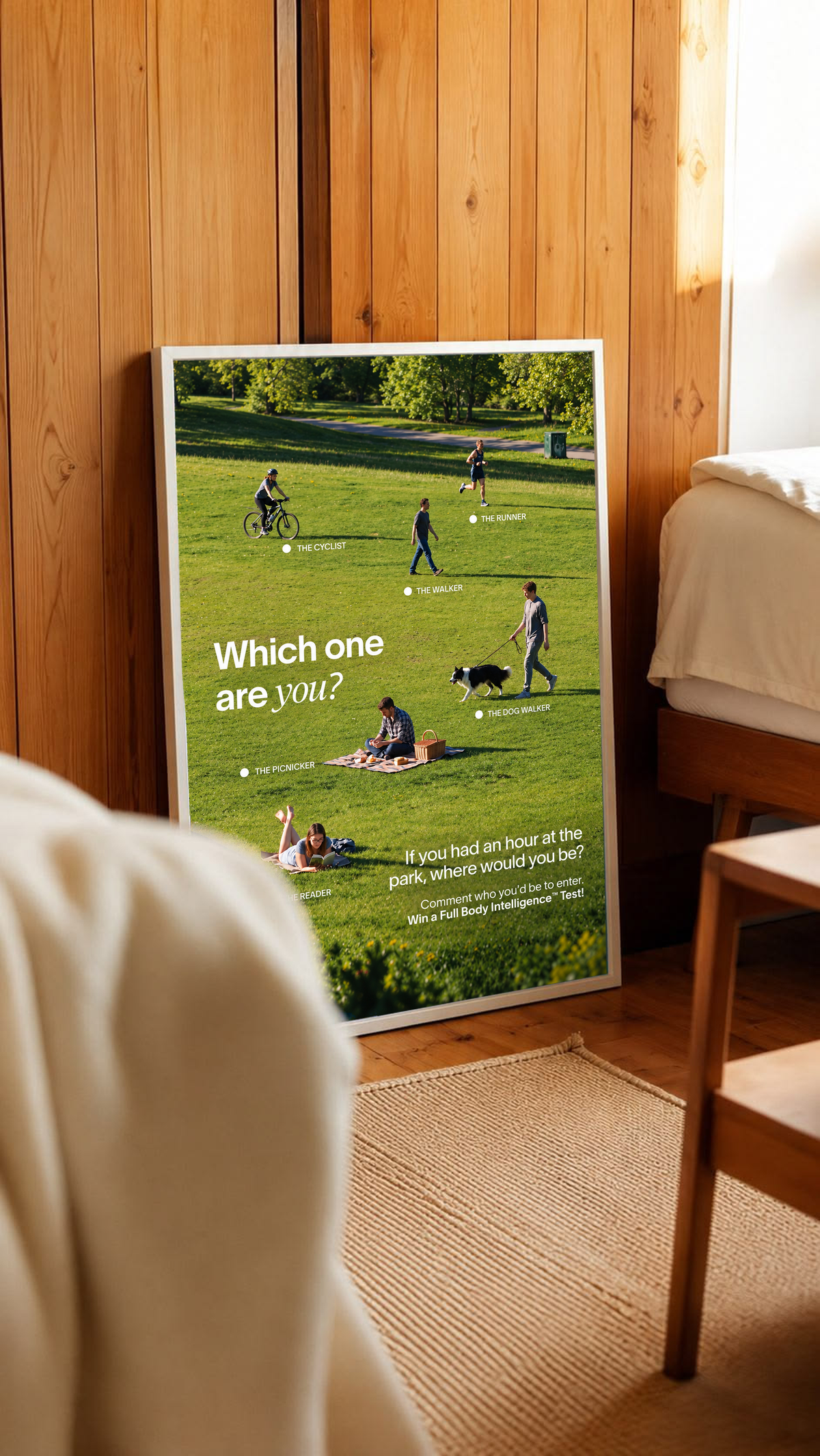 Six park activities labelled across a green lawn beneath Which One Are You text in a white frame leaning against warm wooden wall panels