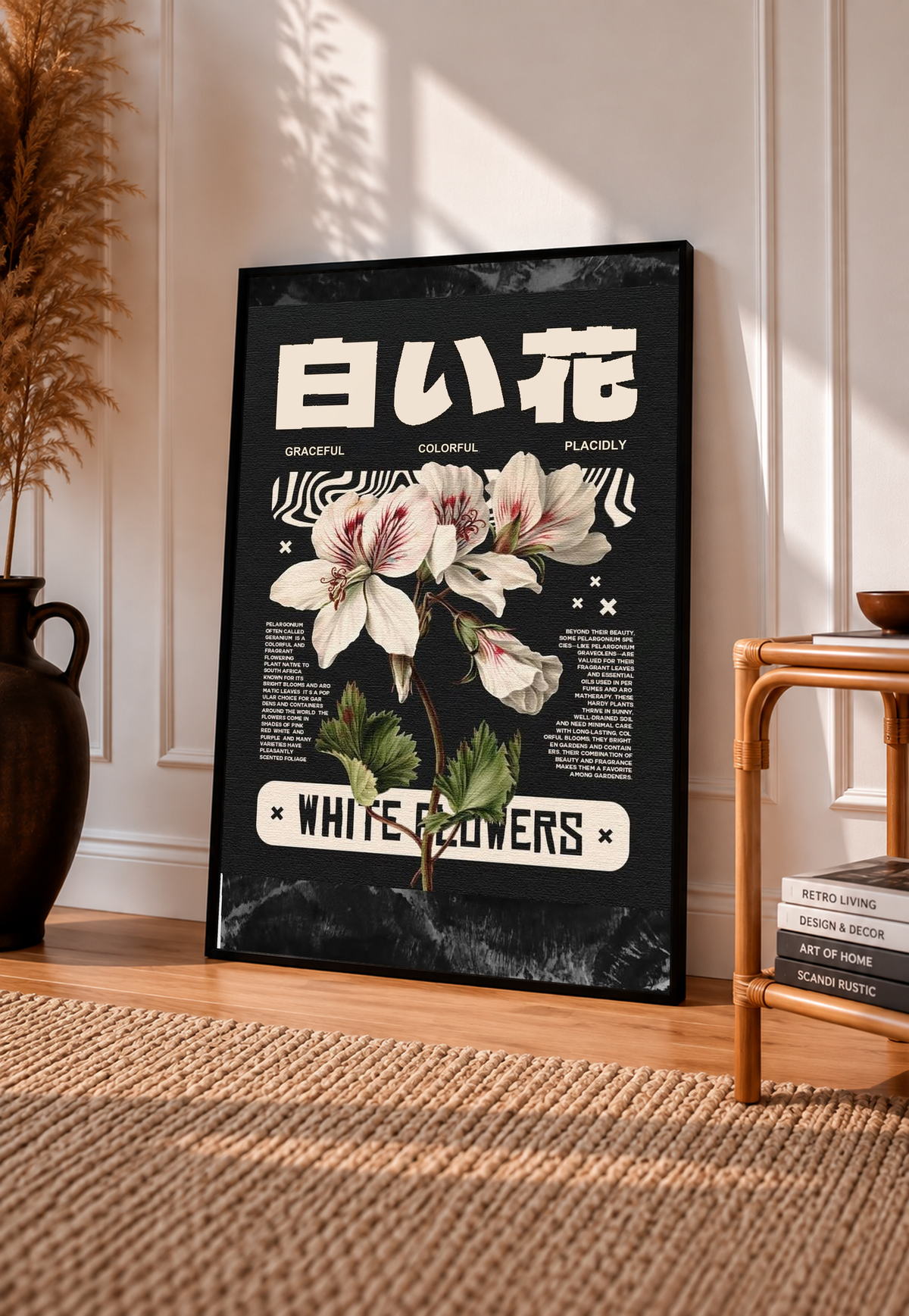 Black framed poster with white Japanese lettering and bouquet of pale white flowers