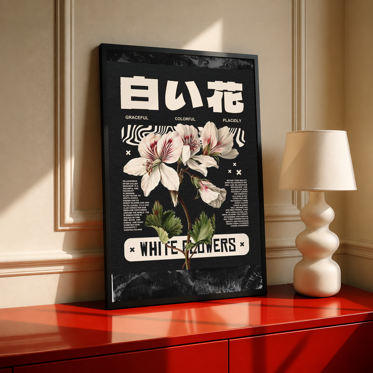 Black framed floral poster with white flowers and bold Japanese characters on dark background