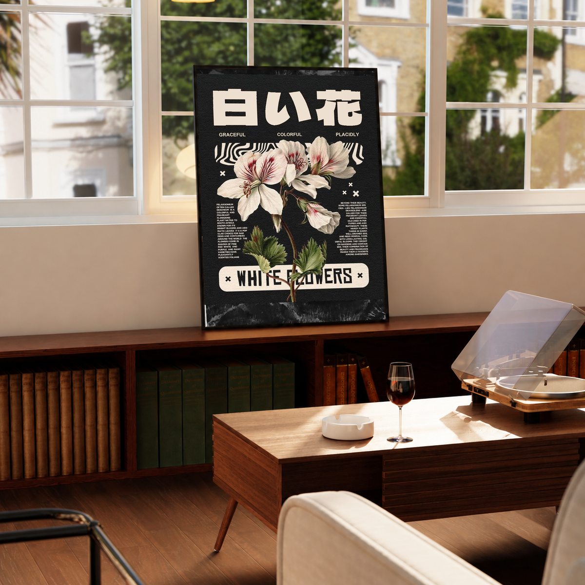 Black framed poster with white flowers, Japanese lettering, and a "WHITE FLOWERS" ribbon