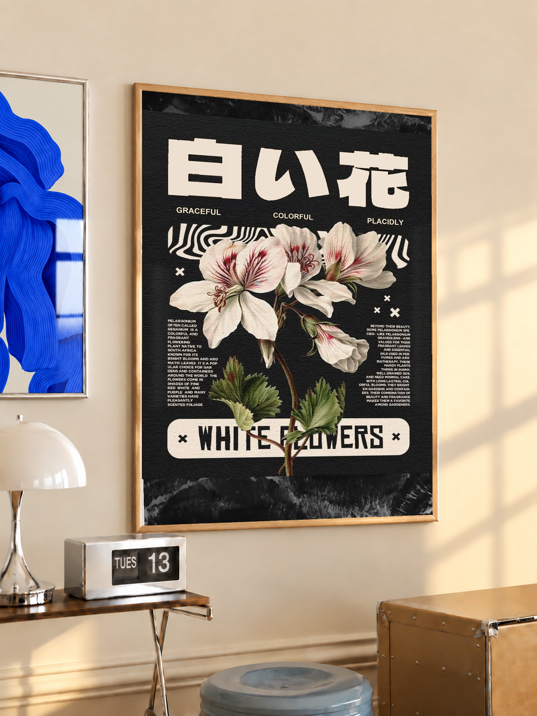Black framed poster featuring white flower bouquet with Japanese lettering and small text blocks