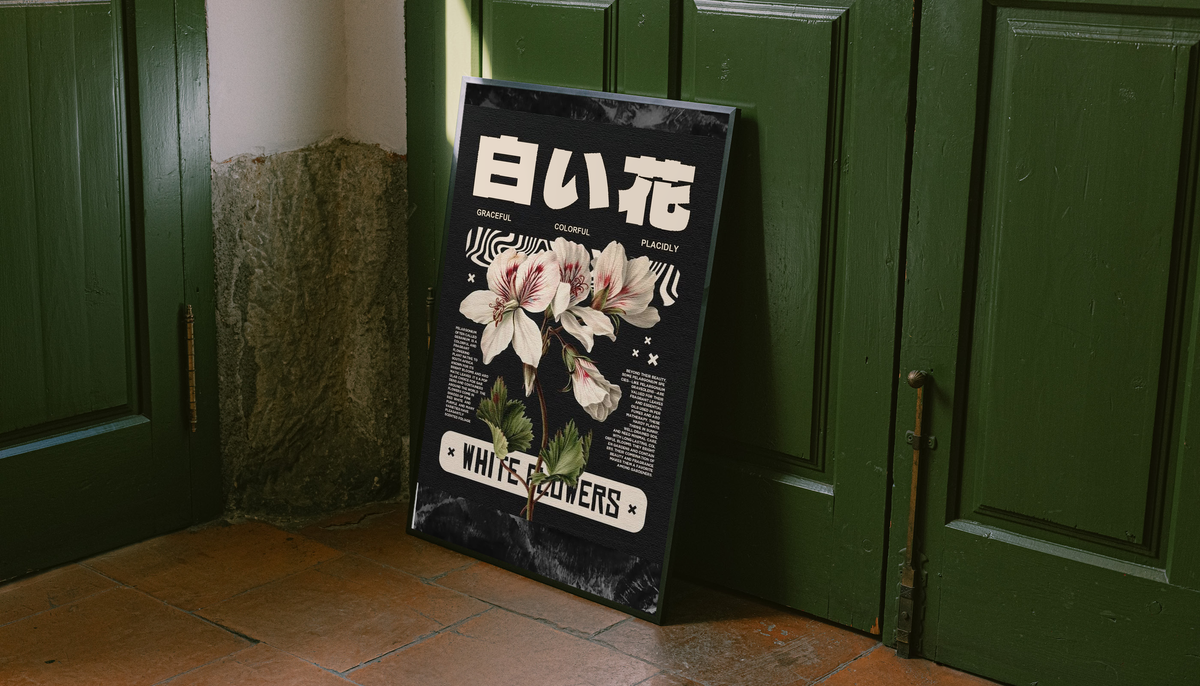 Black framed poster showing white flowers with Japanese characters on dark graphic background