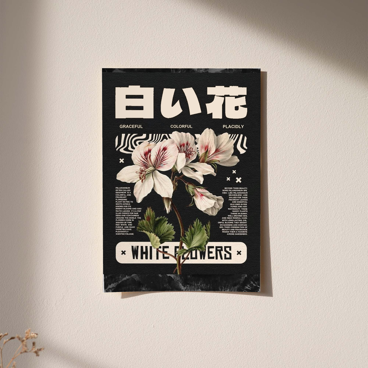 Black framed wall poster with white Japanese characters and detailed floral illustration