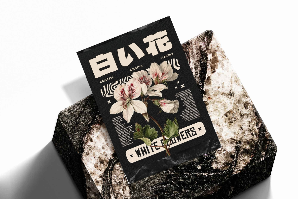 Black framed poster of white flowers with Japanese characters on a dark graphic layout