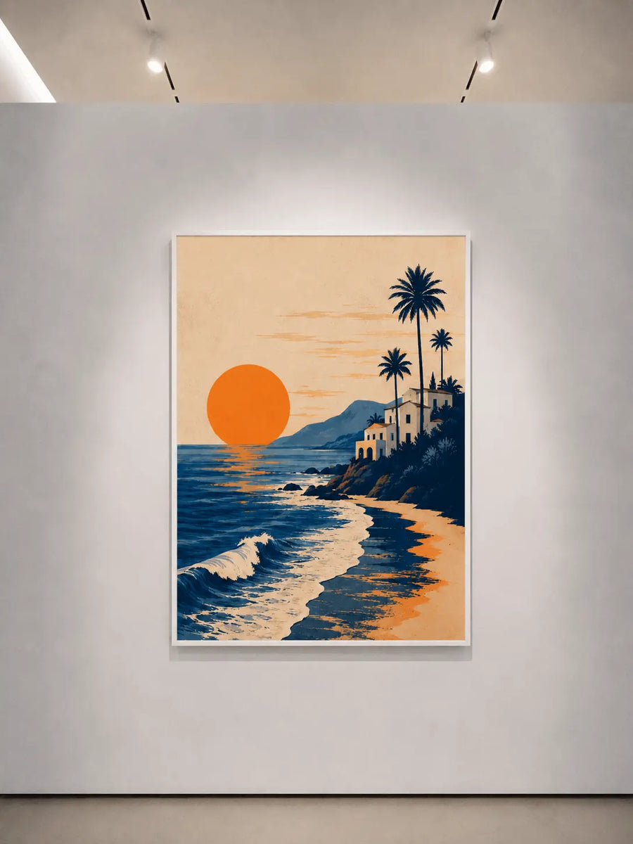 Light-framed beach print featuring orange sun, shoreline waves, and palm trees