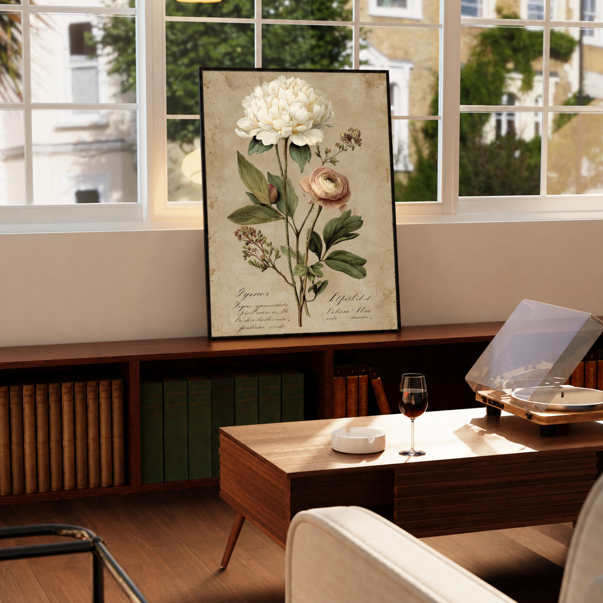 Large white peony and smaller pink layered flower with green leaves on aged cream in a black frame on a wooden cabinet beside a window and record player