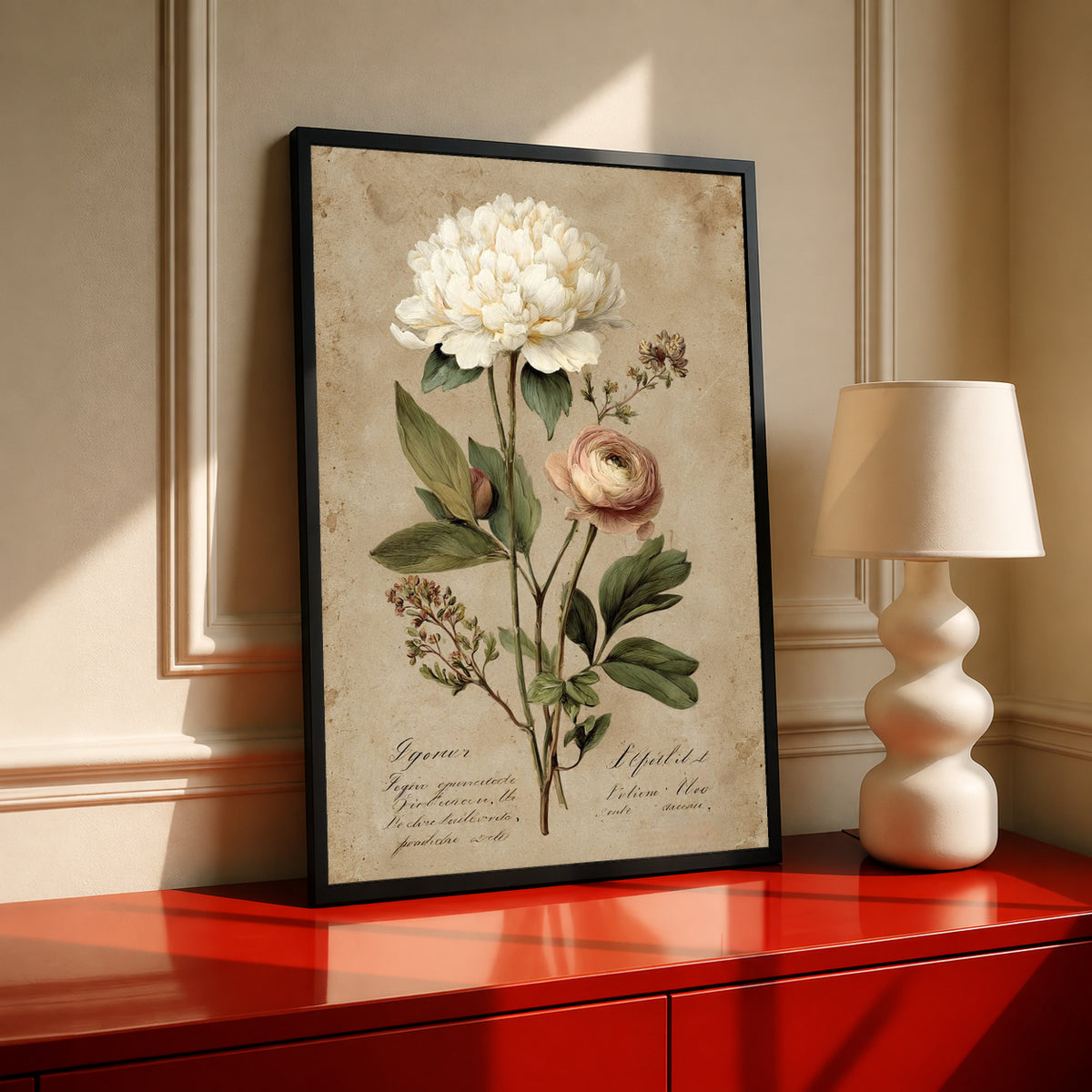 Tall framed botanical art print with white peony and pink rose, black frame