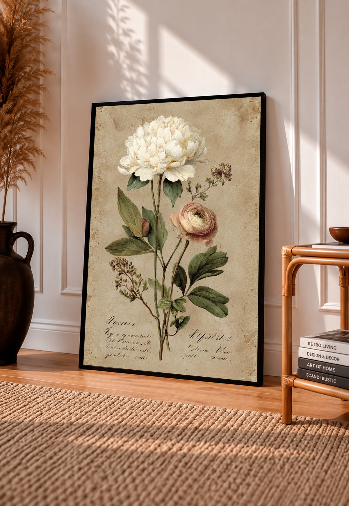 Large white peony and smaller pink layered flower with green leaves on aged cream in a black frame leaning on a sunlit wooden floor beside books and a rattan seat