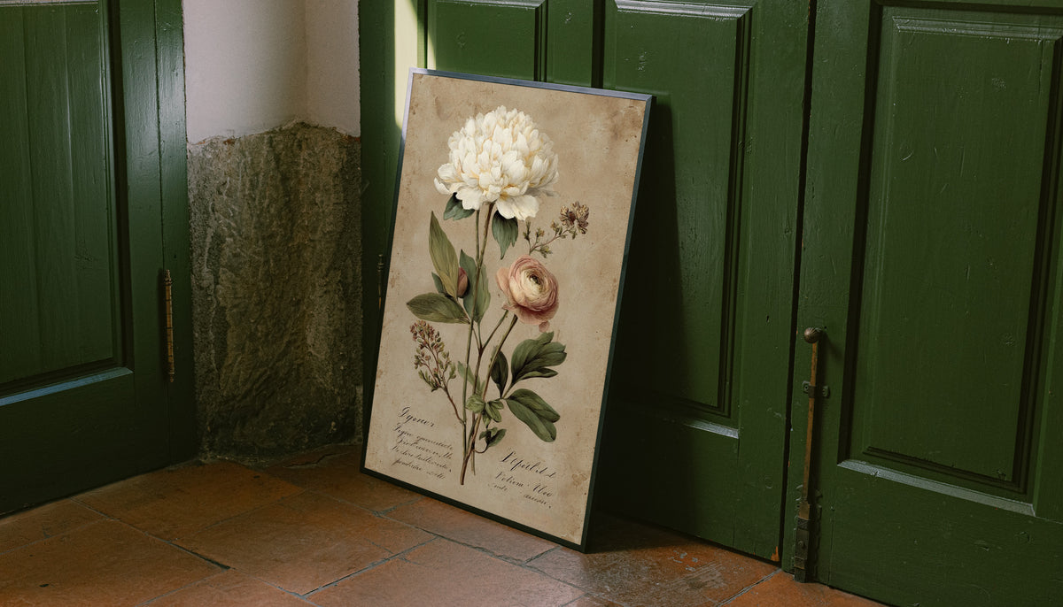 Large white peony and smaller pink layered flower with green leaves on aged cream as an unframed print leaning against a green panelled door