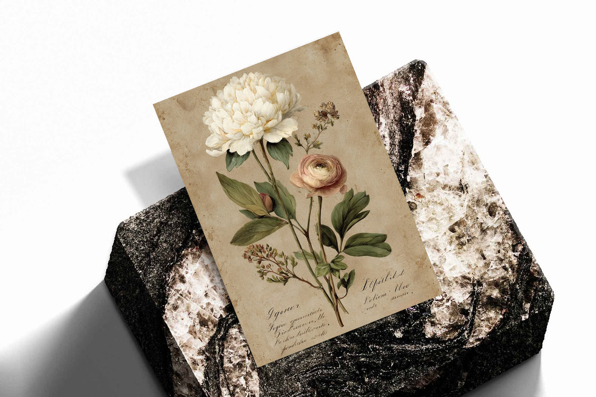 Large white peony and smaller pink layered flower with green leaves on aged cream as an unframed print standing on a stone plinth against white