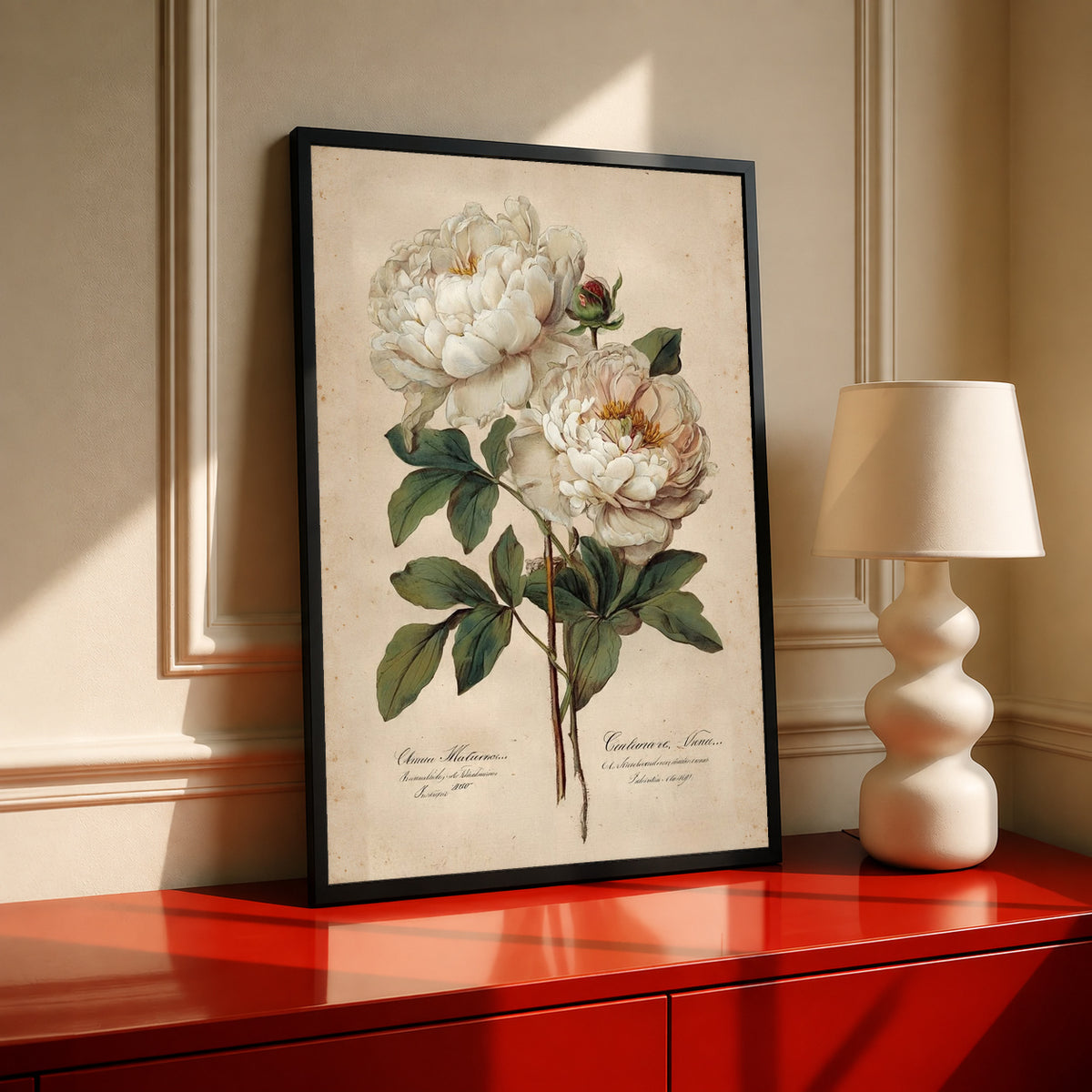 Two white peony blooms and a small bud with green leaves on aged cream in a black frame on a red cabinet beside a cream lamp