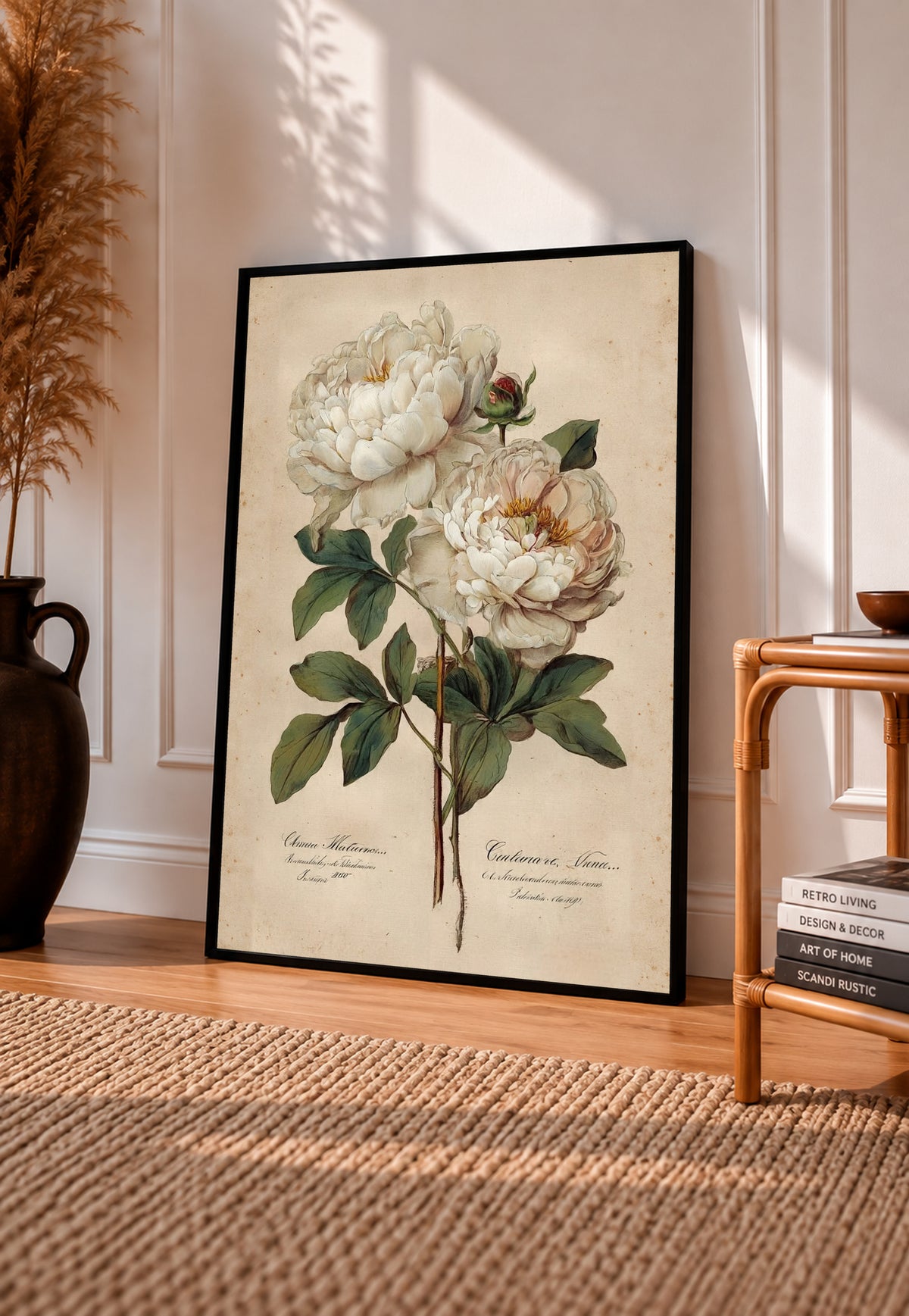 Two white peony blooms and a small bud with green leaves on aged cream in a black frame leaning on a sunlit wooden floor beside books and a rattan seat