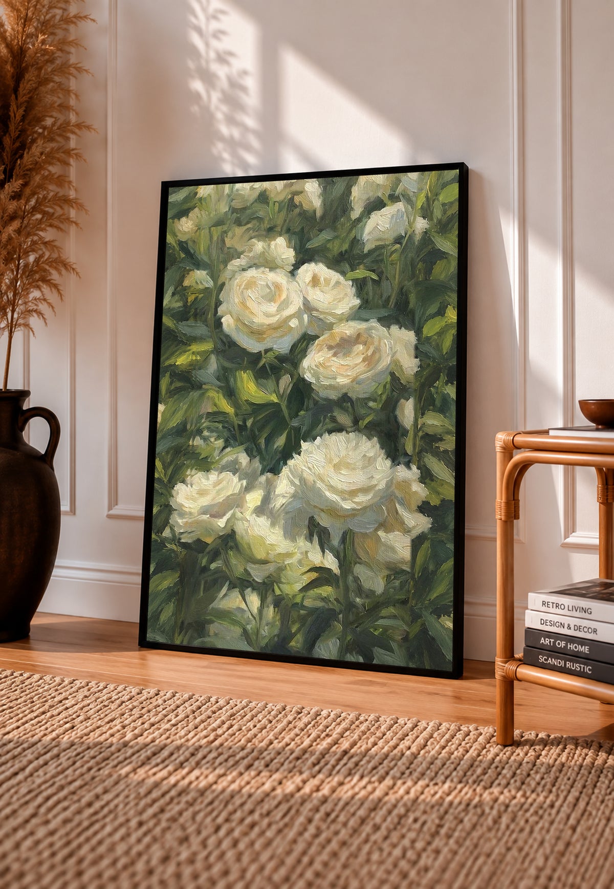 Cream white roses among dense green garden foliage in a painterly composition in a black frame leaning on a sunlit wooden floor beside books and a rattan seat