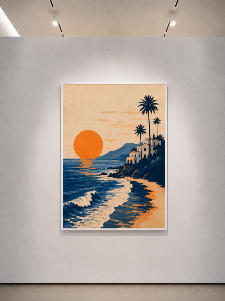Large coastal wall art featuring an artistic beach landscape with ocean waves and tropical silhouettes
