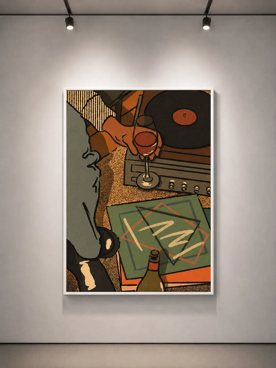 Gerahmter Wanddruck mit musikbezogener Illustration und bunten Formen, weißer Rahmen