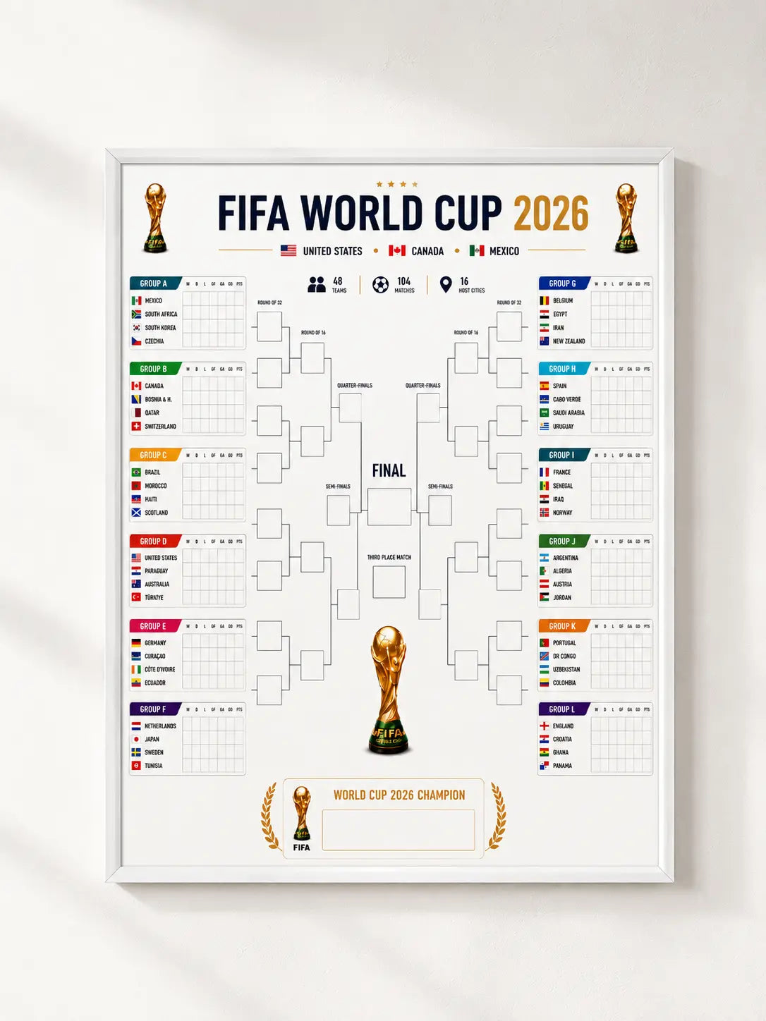 FIFA World Cup 2026 bracket poster in a white frame with gold trophy icon at bottom